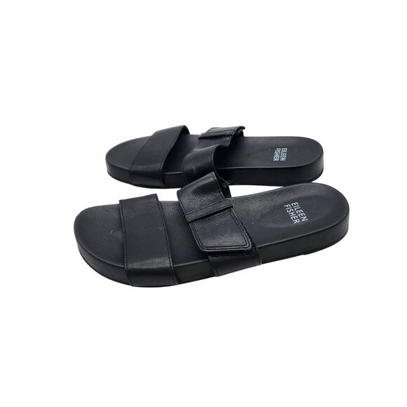 Eileen Fisher Folk Black Leather Slide Sandals With Velcro Straps 6.5 - Picture 3 of 6